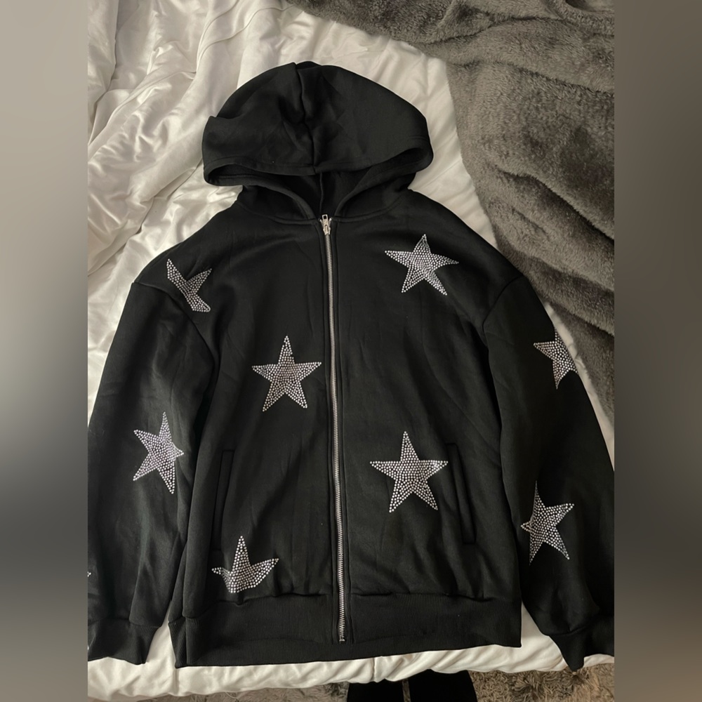 Black star rhinestone zip up hoodie
